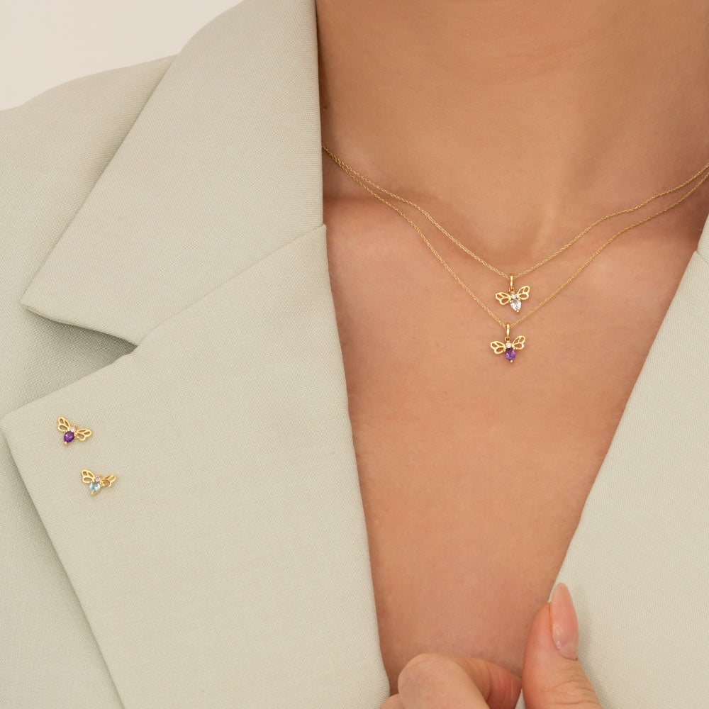 Honeycomb Art Nouveau Pear Shape Amethyst and Diamond Bee Pendant Necklace in 9ct Yellow Gold