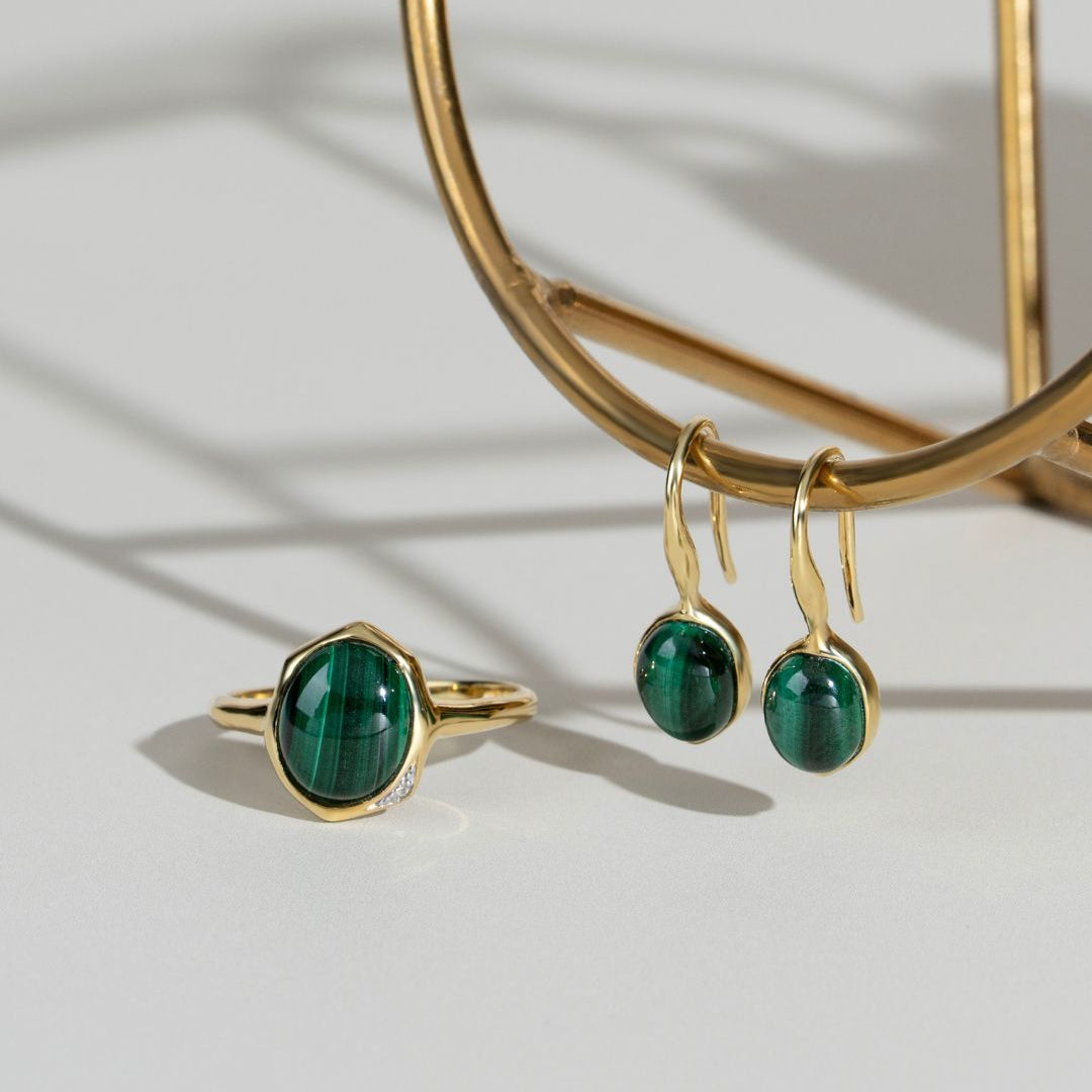 Irregular B Gem Malachite Drop Earrings in Yellow Gold Plated Silver