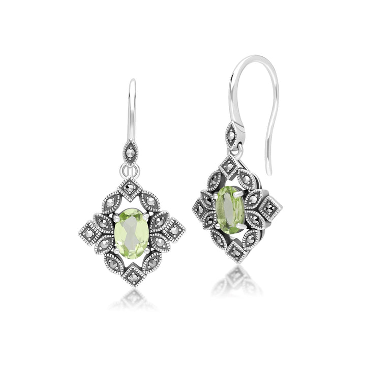 Art Deco Style Oval Peridot & Marcasite Drop Earrings in Sterling Silver