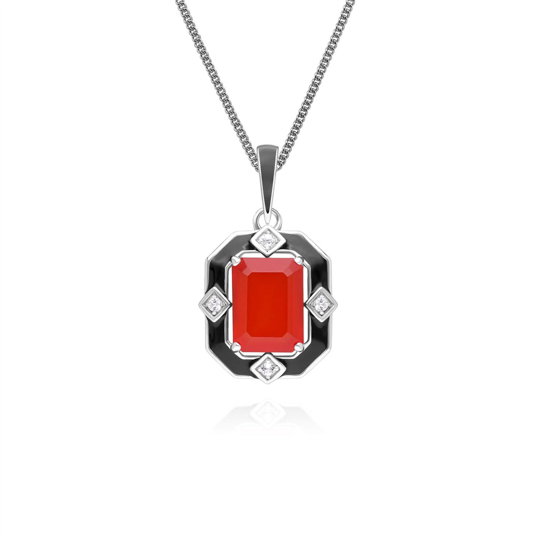 Grand Deco Black Enamel, Carnelian & Topaz Pendant Necklace in Sterling Silver