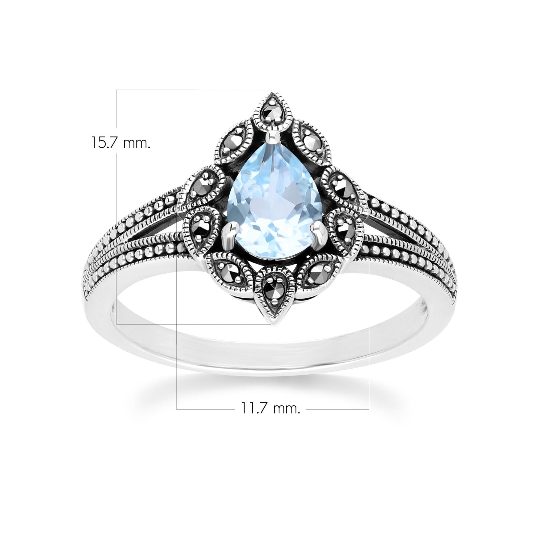 Art Deco Style Pear Blue Topaz & Marcasite Ring in Sterling Silver
