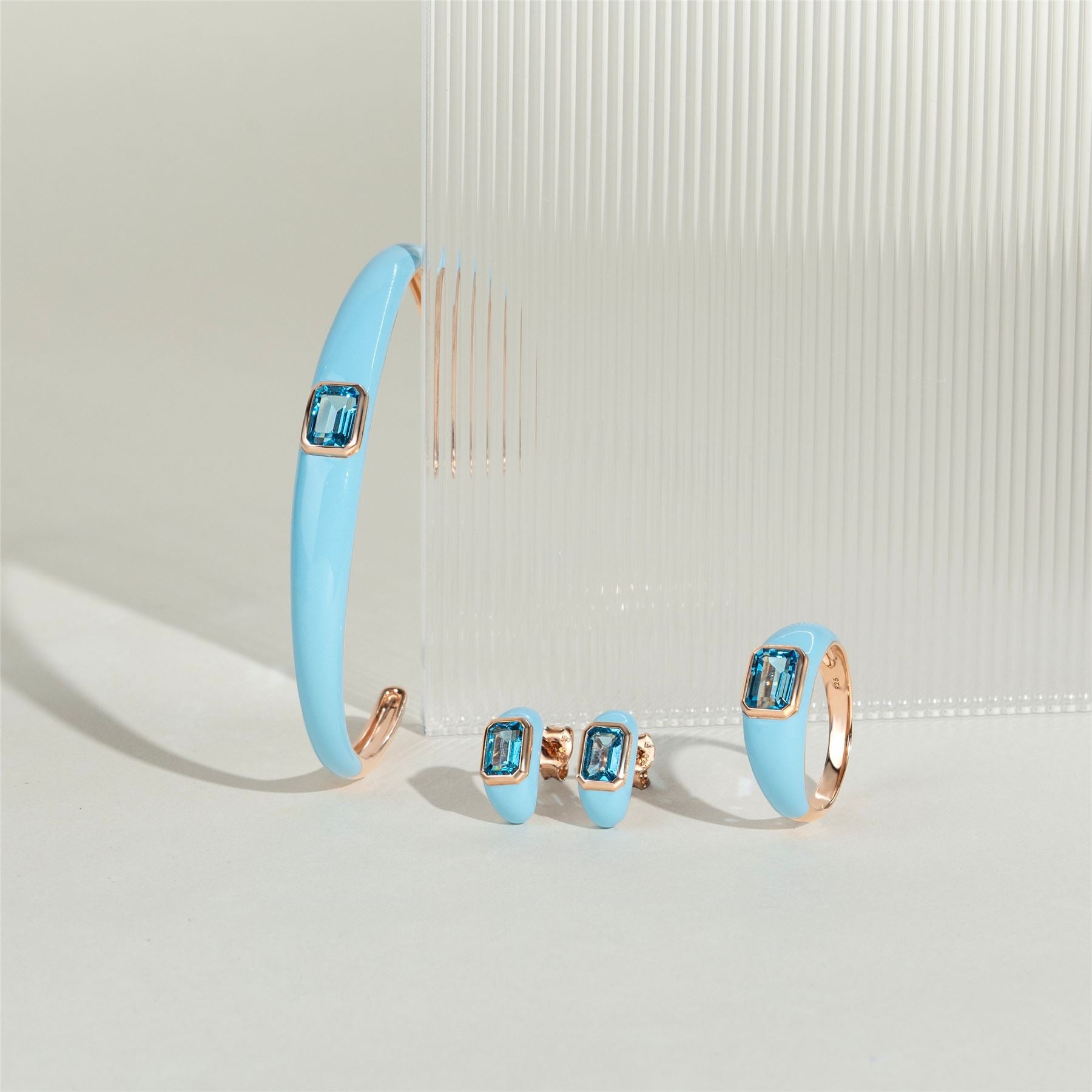 Siberian Waltz Blue Enamel & Octagon Sky Blue Topaz Half Hoop Earrings In Rose Gold Vermeil