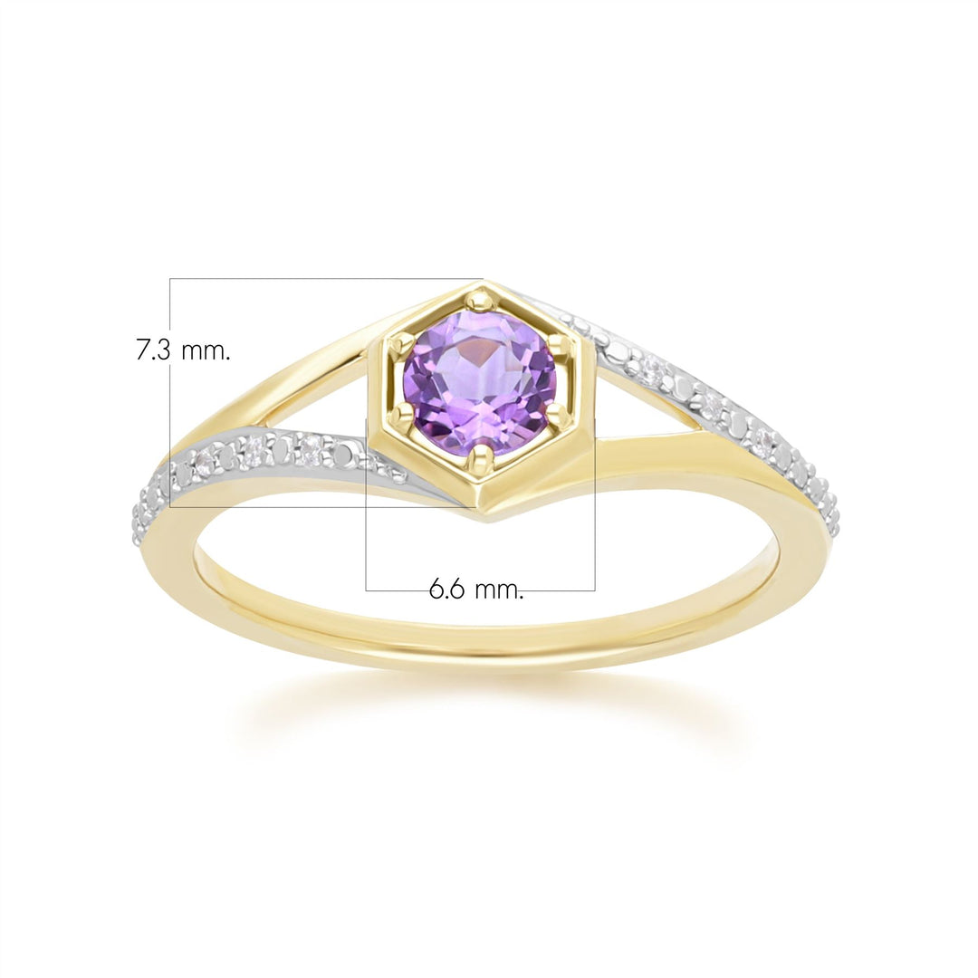 Geometric Hexagon with Prong set Round Amethyst and Diamond Ring in 9ct Yellow Gold