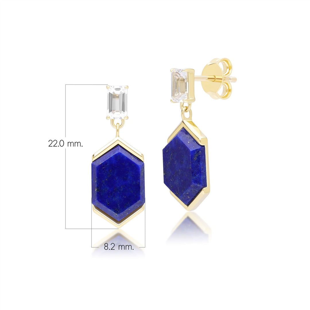 Grand Deco Hexagon Lapis Lazuli & Topaz Drop Earrings in Gold Vermeil
