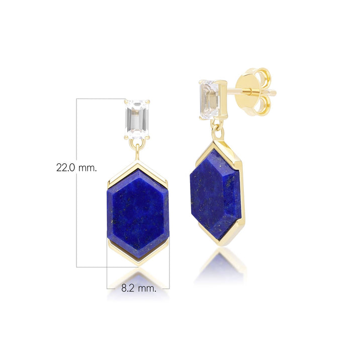 Grand Deco Hexagon Lapis Lazuli & Topaz Drop Earrings in Gold Vermeil