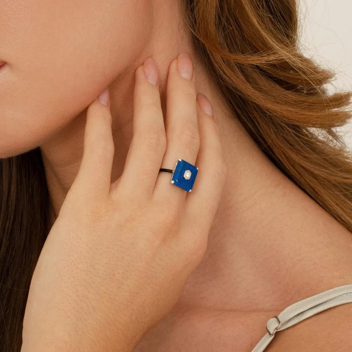 Grand Deco Black Enamel, Lapis Lazuli & Colourless Topaz Ring in Sterling Silver