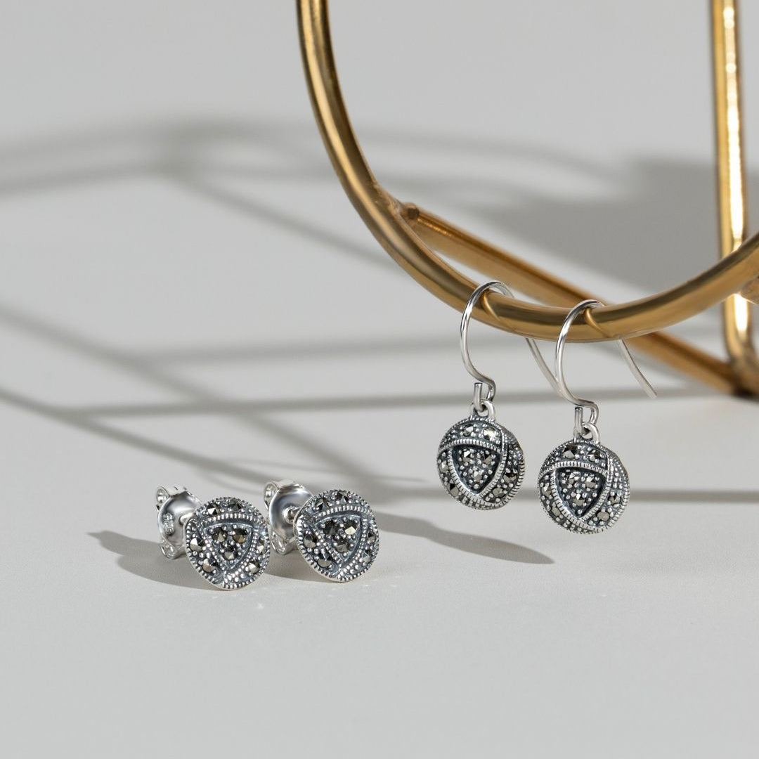 Rennie Mackintosh Round Marcasite Rose Drop Earrings in 925 Sterling Silver