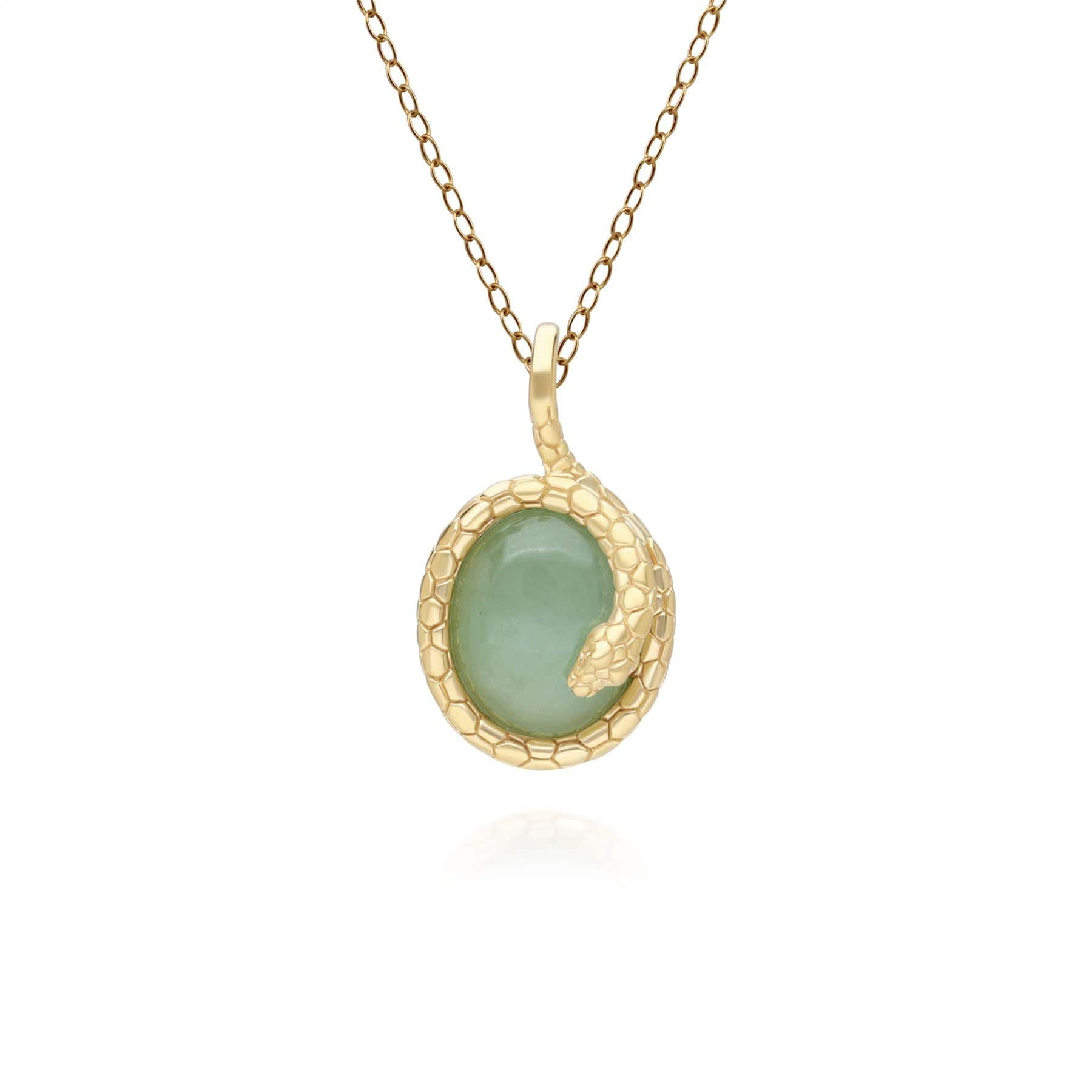 253P334901925 ECFEW™ OVAL JADE WINDING SNAKE PENDANT NECKLACE IN GOLD PLATED STERLING SILVER Front
