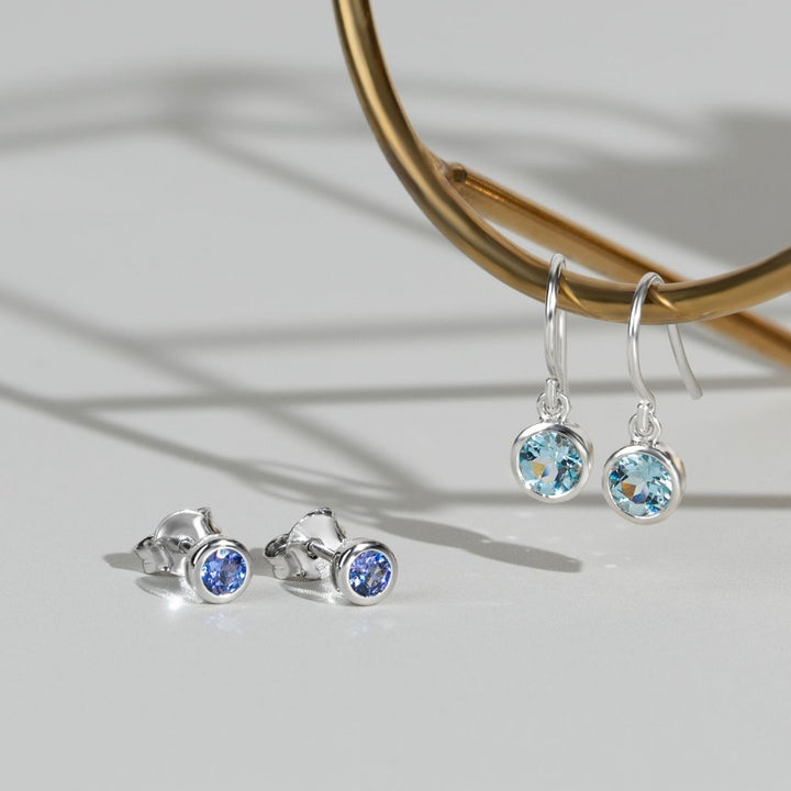 Essential Round Blue Topaz Bezel Set Drop Earrings in 925 Sterling Silver