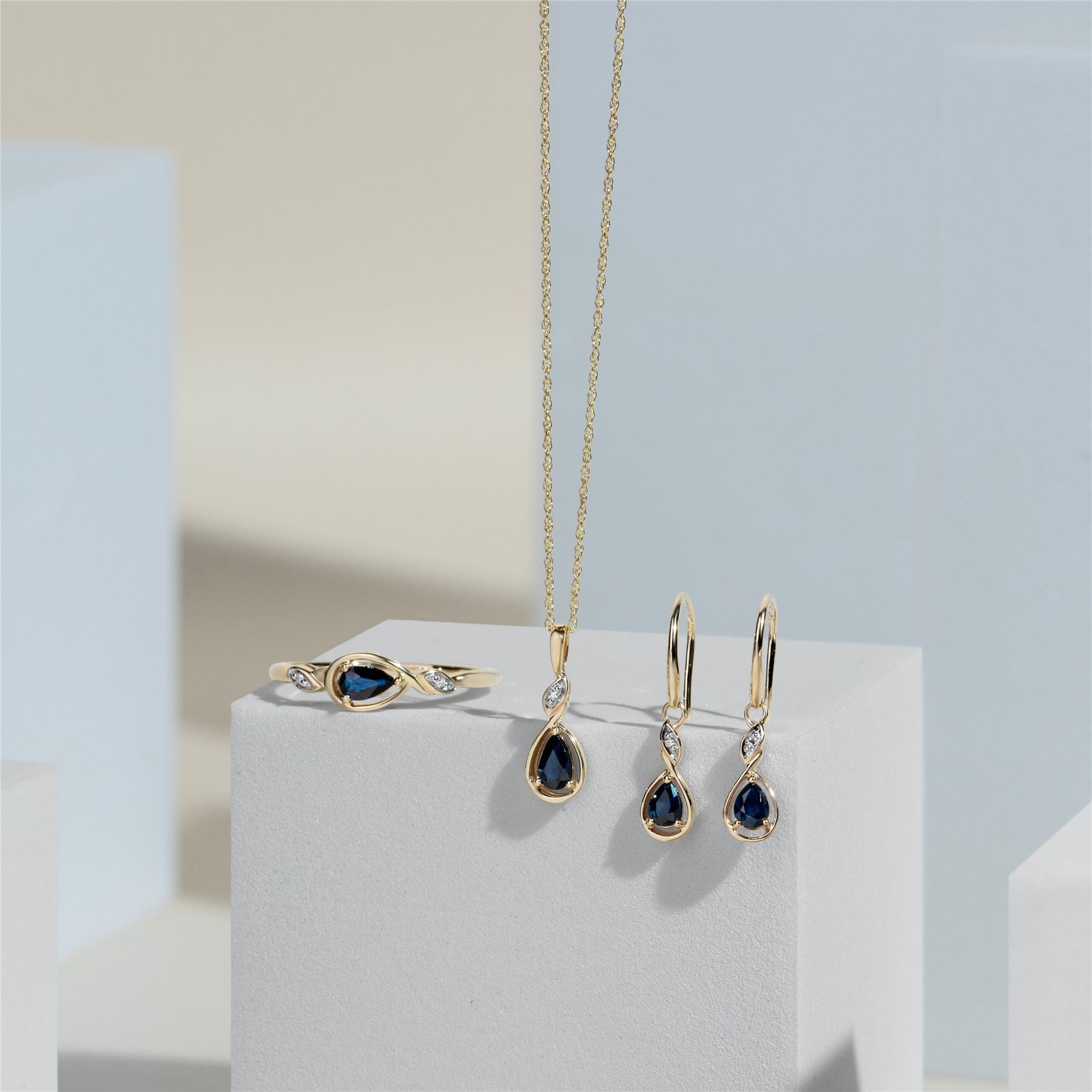 Classic Pear Sapphire & Diamond Pendant Necklace In 9ct Yellow Gold
