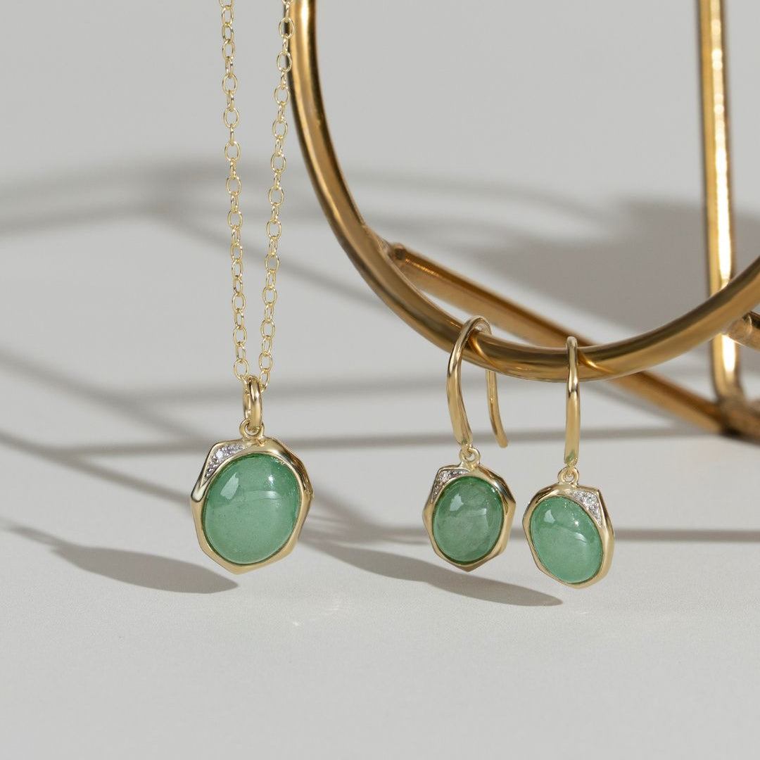 Irregular B Gem Jade & Diamond Drop Earrings In Yellow Gold Plated Silver