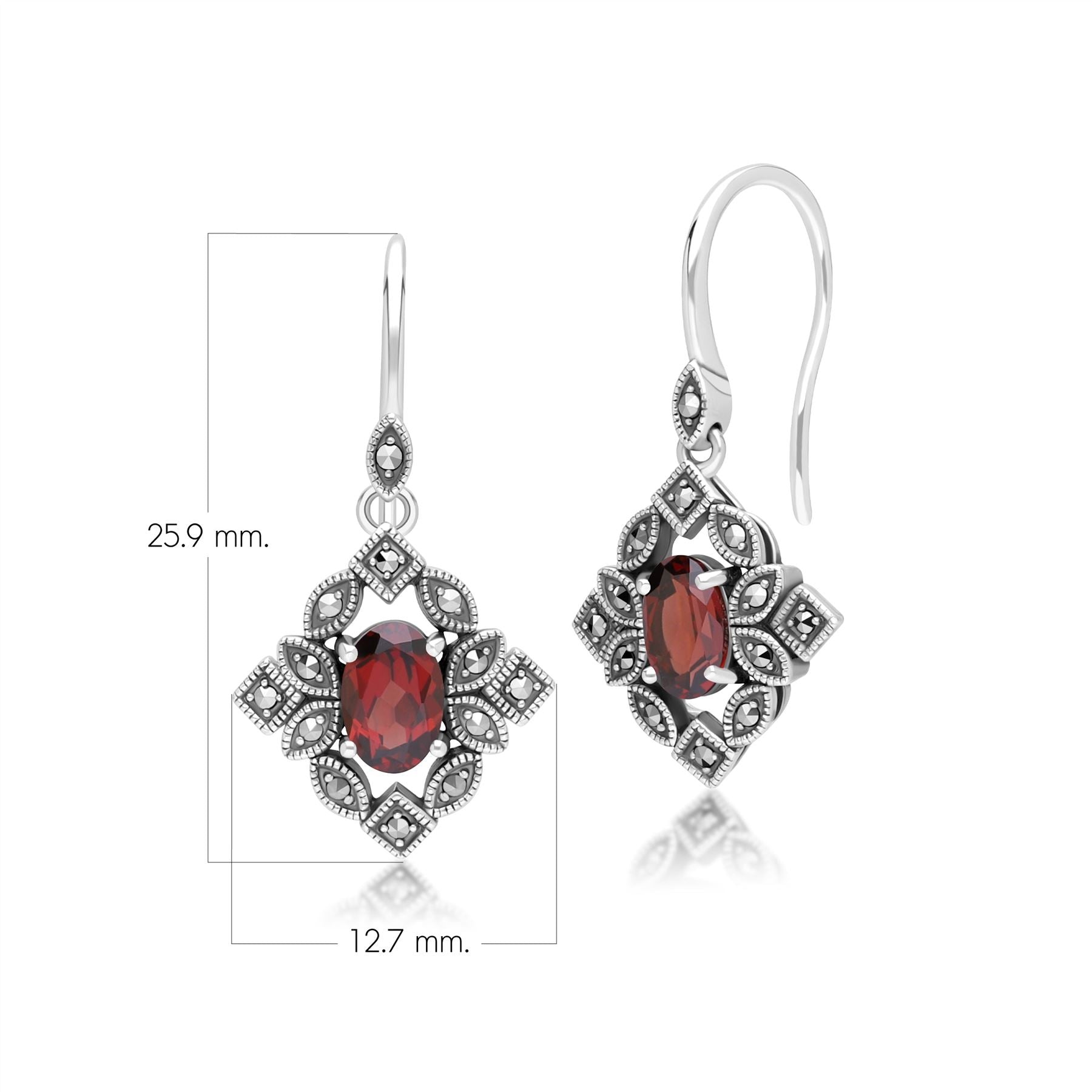 Art Deco Style Oval Garnet & Marcasite Drop Earrings in Sterling Silver