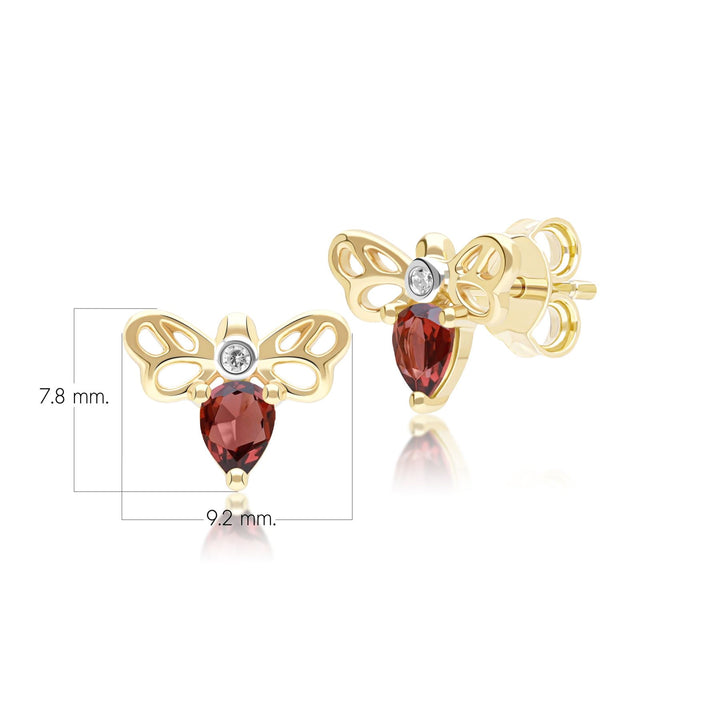 Honeycomb Art Nouveau Pear Shape Garnet and Diamond Bee Stud Earrings in 9ct Yellow Gold