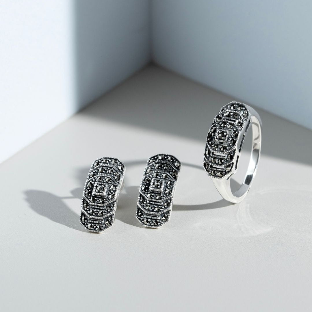 Art Deco Style Round Marcasite Stepped Stud Earrings in 925 Sterling Silver