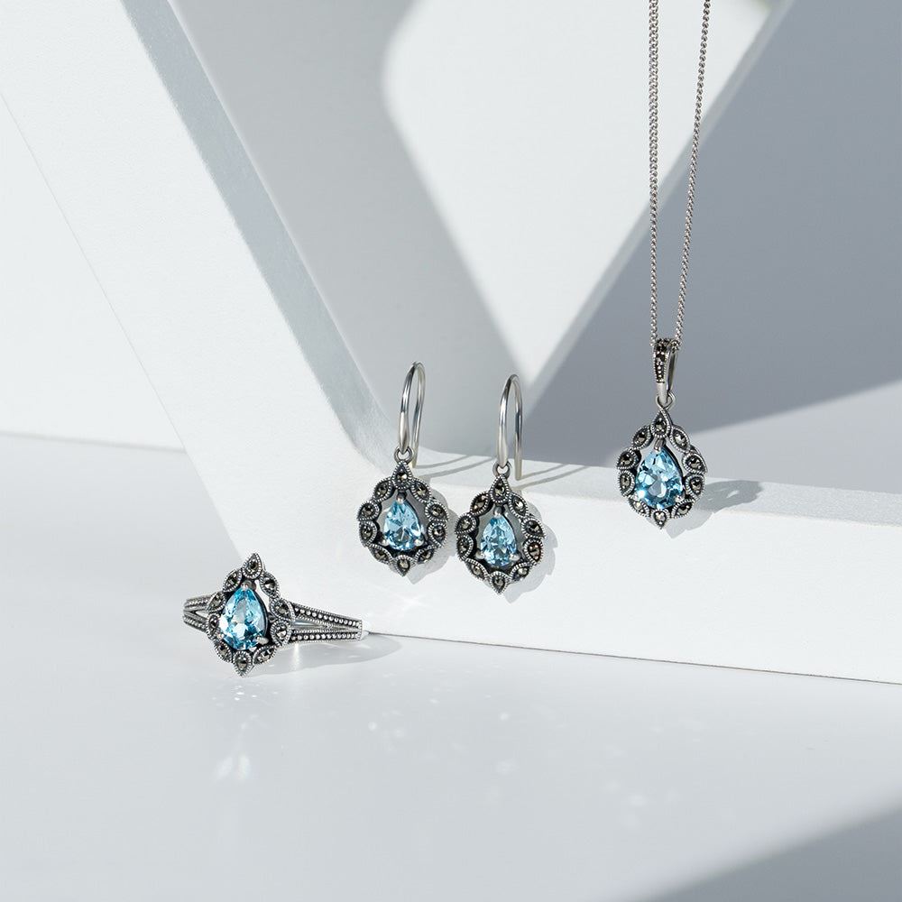 Art Deco Style Pear Blue Topaz & Marcasite Pendant Necklace in Sterling Silver
