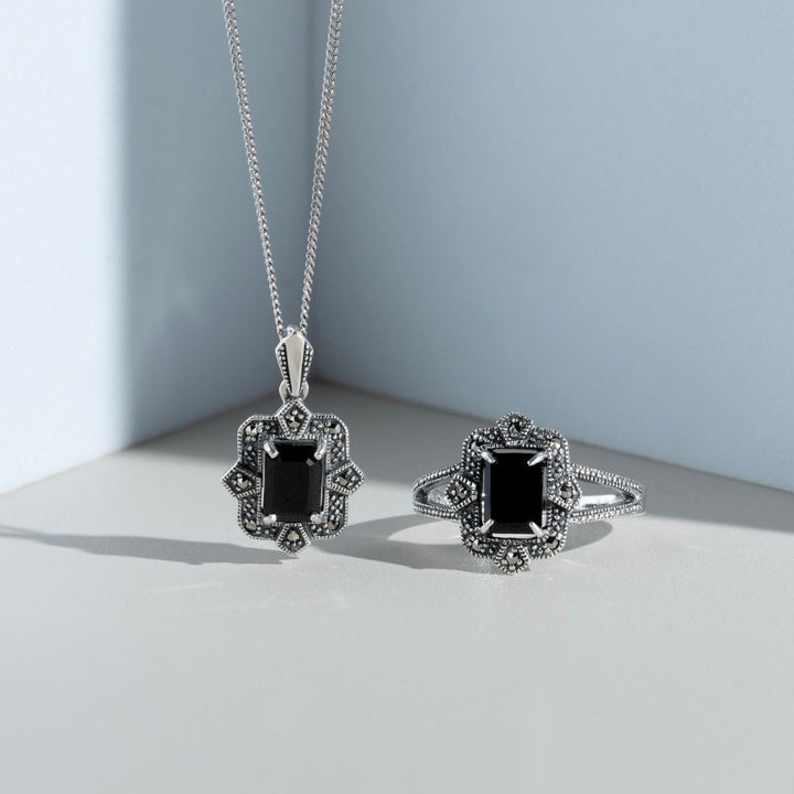 Art Deco Style Black Spinel & Marcasite Drop Pendant Necklace & Ring Set in Silver