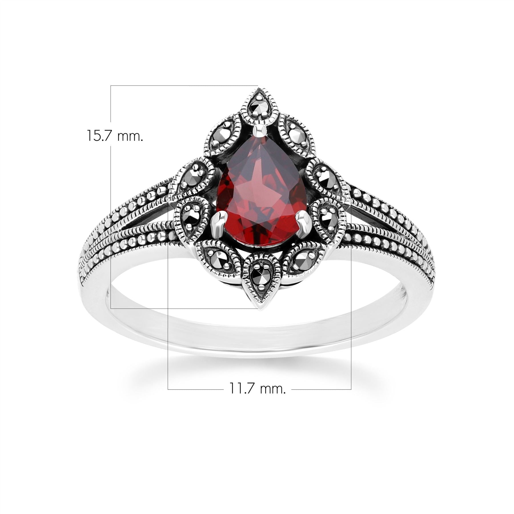 Art Deco Style Pear Garnet & Marcasite Ring in Sterling Silver