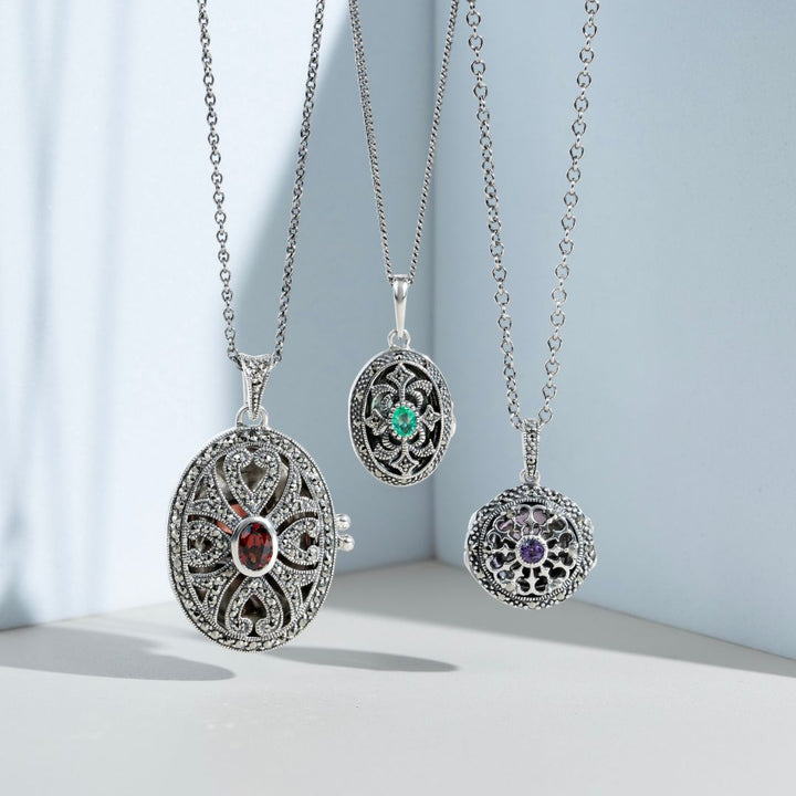 Art Nouveau Style Round Amethyst & Marcasite Locket on Chain in 925 Sterling Silver