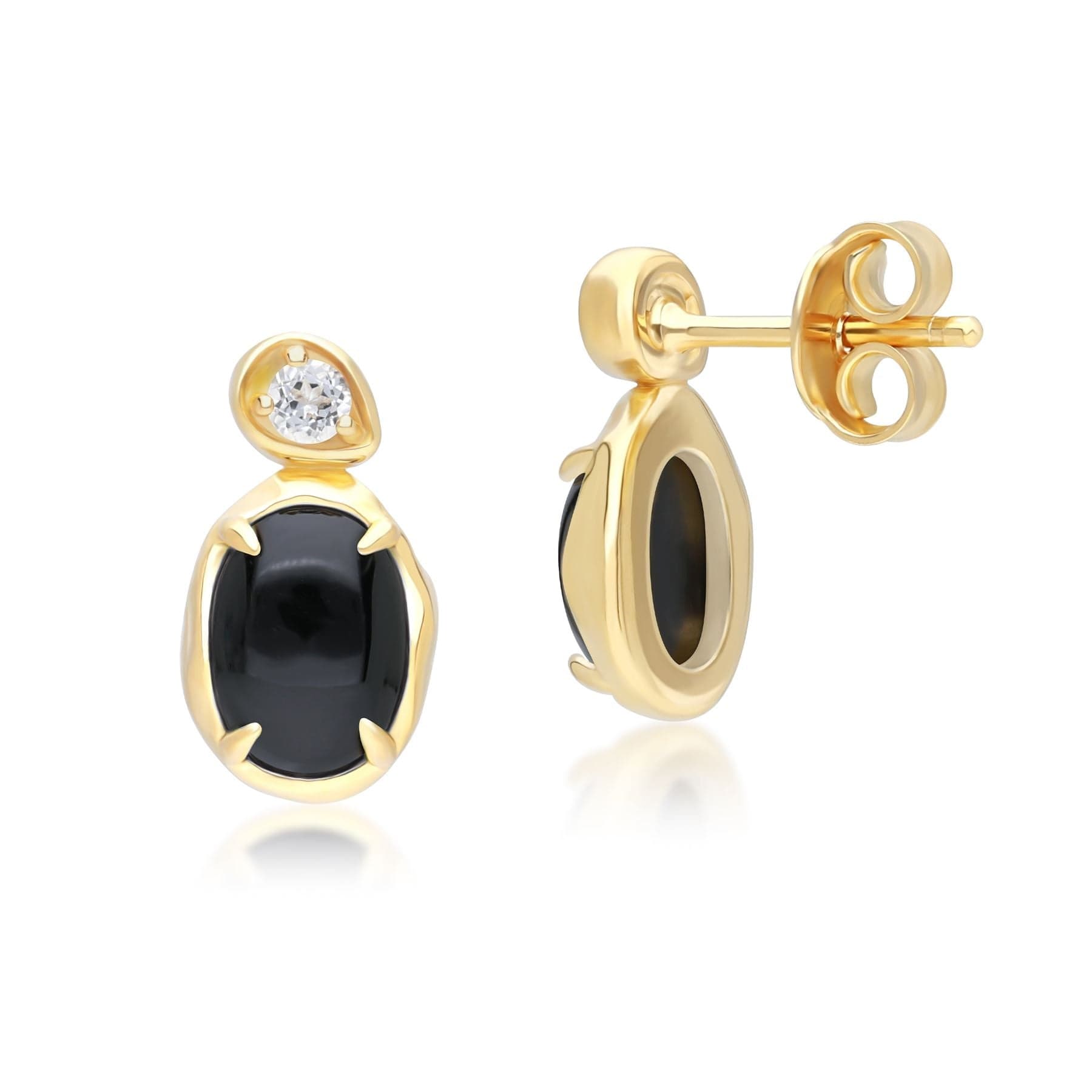 Irregular Oval Black Onyx & Topaz Drop Earrings In 18ct Gold Plated SterlIng Silver