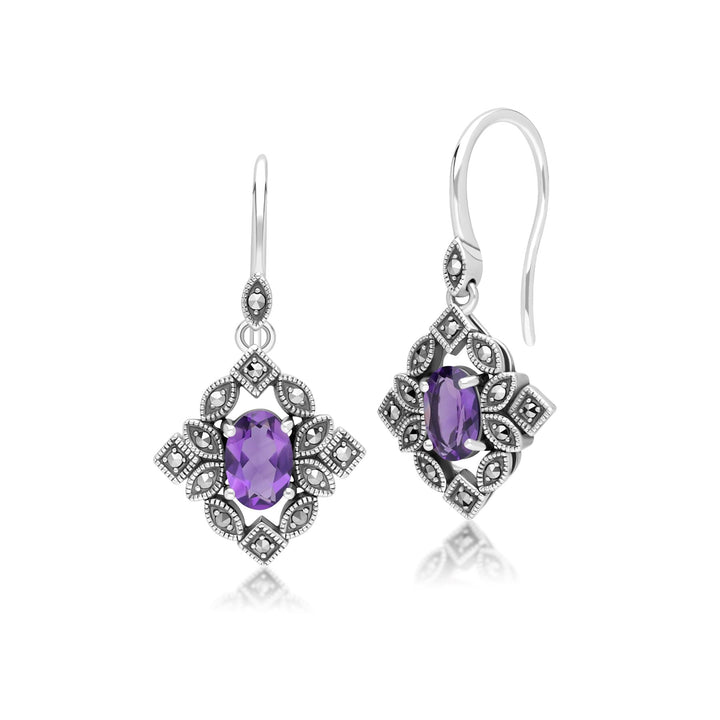 Art Deco Style Oval Amethyst & Marcasite Drop Earrings in Sterling Silver