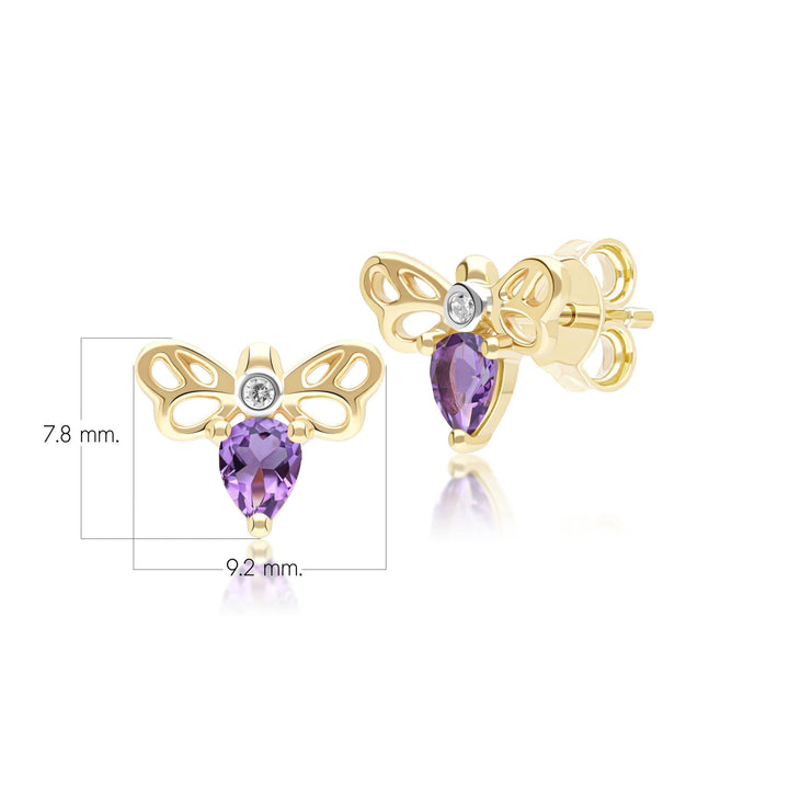 Honeycomb Art Nouveau Pear Shape Amethyst and Diamond Bee Stud Earrings in 9ct Yellow Gold