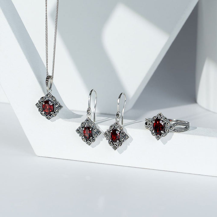 Art Deco Style Oval Garnet & Marcasite Drop Earrings in Sterling Silver