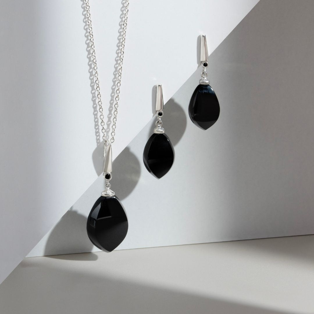 Art Deco Style Pear Black Onyx & Black Spinel Drop Earrings in 925 Sterling Silver