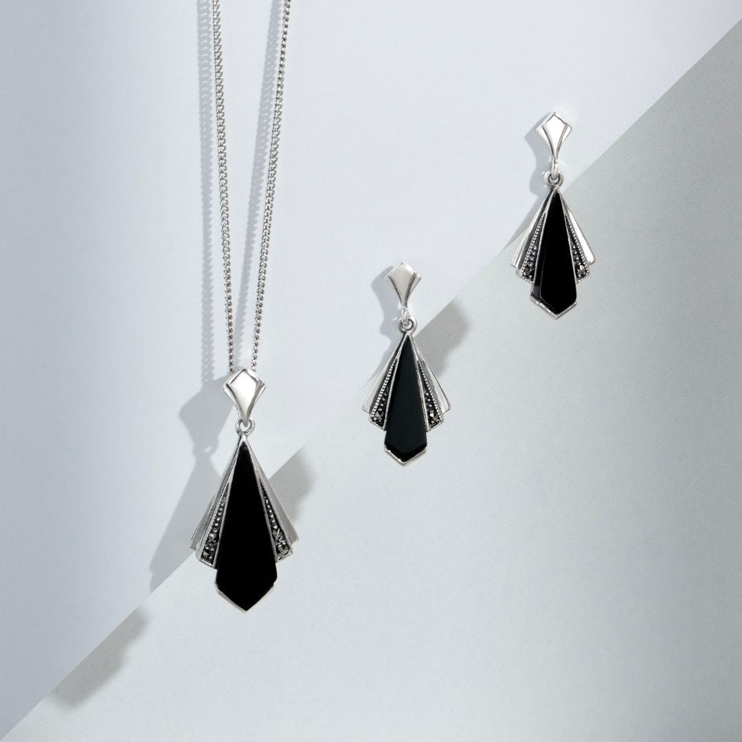 Art Deco Style Black Onyx & Marcasite Fan Drop Pendant in 925 Sterling Silver