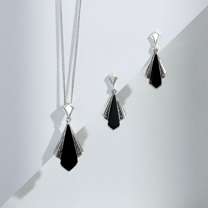Art Deco Style Black Onyx & Marcasite Fan Drop Pendant in 925 Sterling Silver