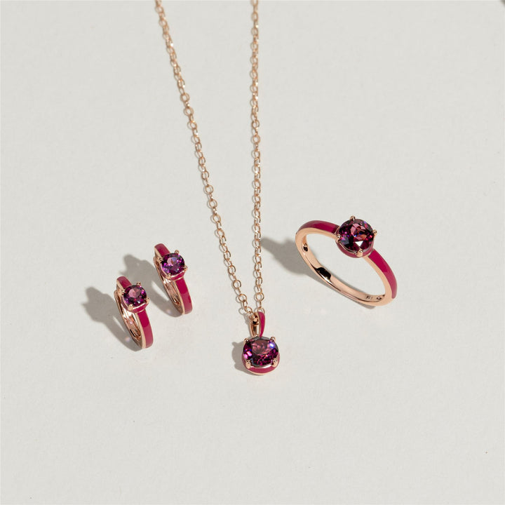 Siberian Waltz Pink Enamel & Round Rhodolite Hoop Earrings In Rose Gold Vermeil