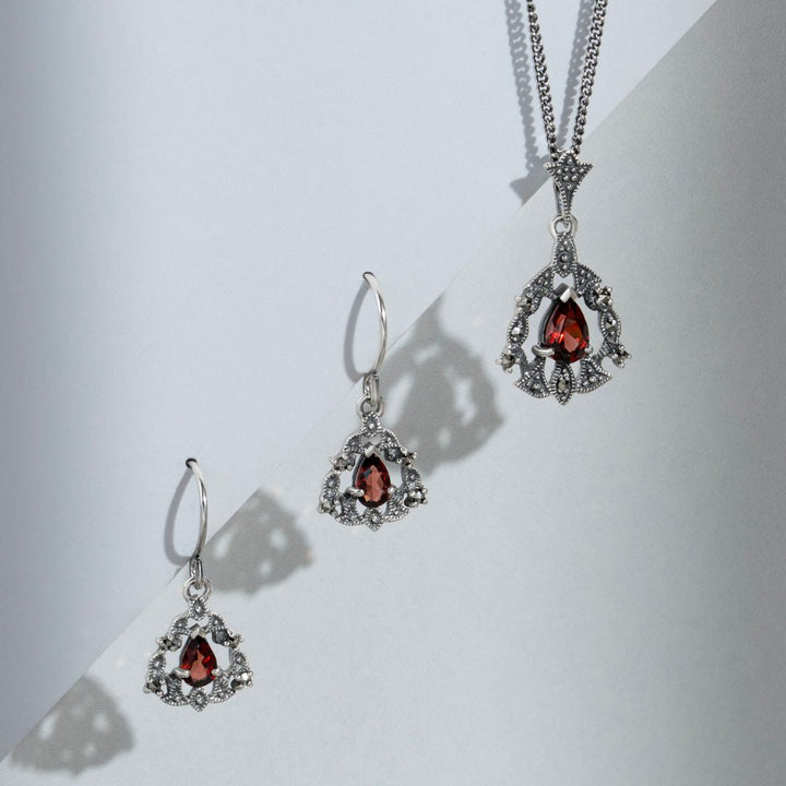 Art Nouveau Style Pear Garnet & Marcasite Garland Halo Drop Earrings & Pendant Set in Silver