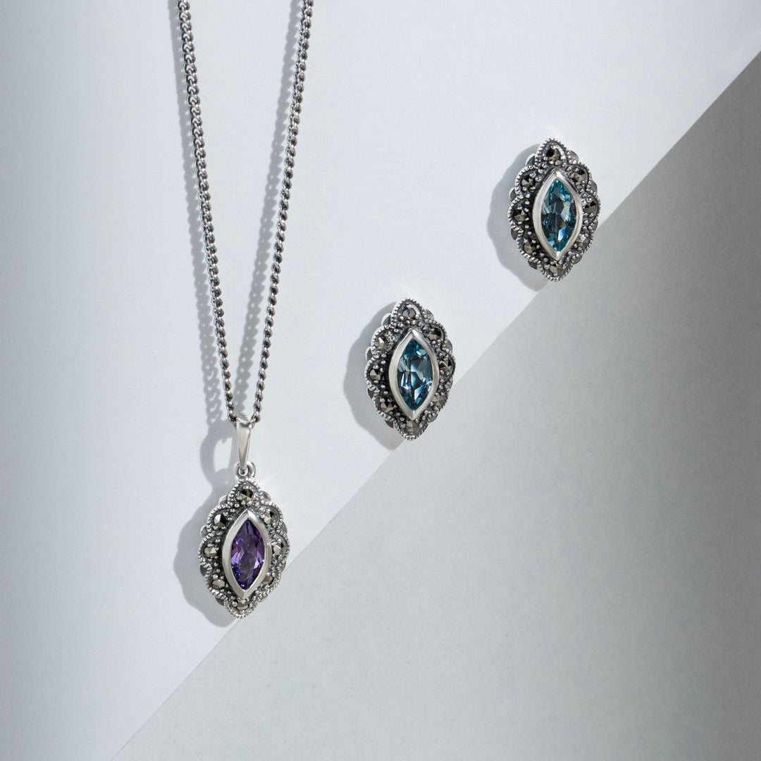 Art Deco Style Marquise Amethyst & Marcasite Pendant in 925 Sterling Silver