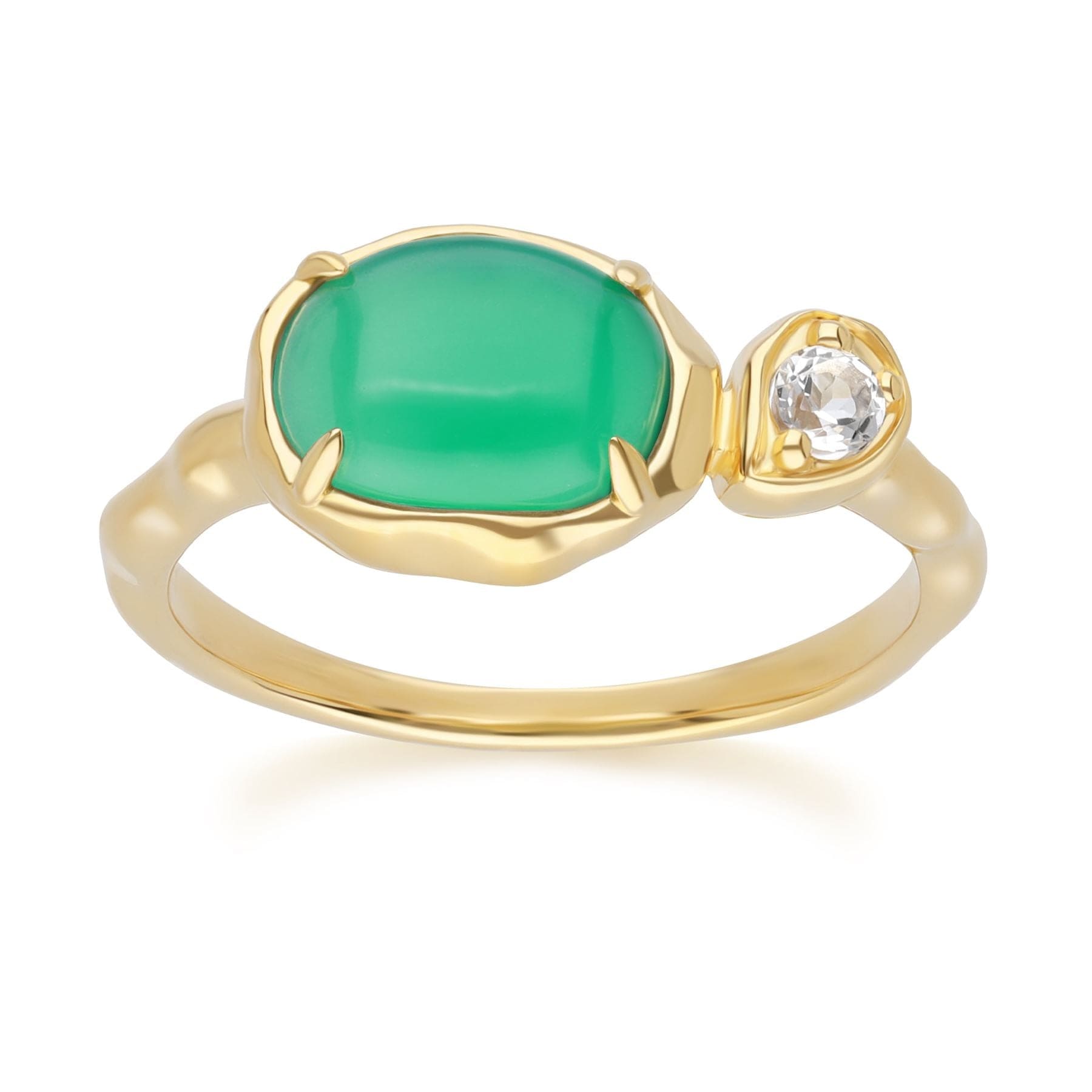 253R710301925 Irregular Oval Dyed Green Chalcedony & Topaz Ring In 18ct Gold Plated SterlIng Silver Front