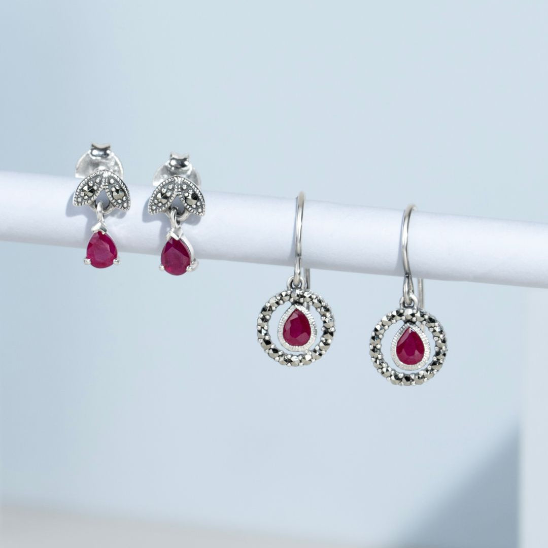 Art Nouveau Style Pear Ruby & Marcasite Drop Earrings in 925 Sterling Silver