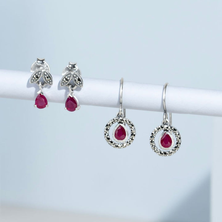 Art Nouveau Style Pear Ruby & Marcasite Drop Earrings in 925 Sterling Silver