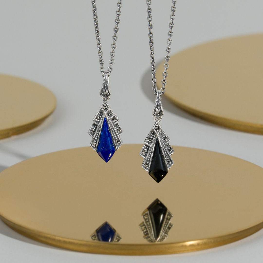 Art Deco Style Lapis Lazuli & Marcasite Pendant in 925 Sterling Silver