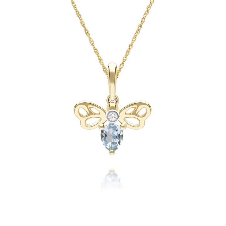 Honeycomb Art Nouveau Pear Shape Topaz and Diamond Bee Pendant Necklace in 9ct Yellow Gold