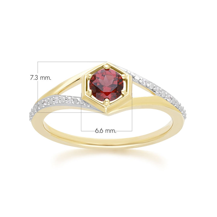 Geometric Hexagon with Prong set Round Garnet and Diamond Ring in 9ct Yellow Gold
