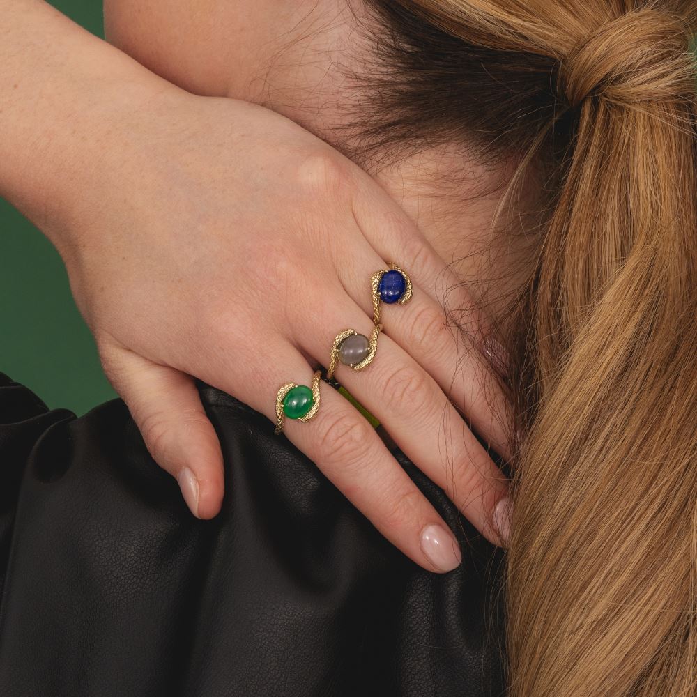 ECFEW™ Oval dyed green chalcedony by pass snake set cabochon ring in gold vermeil sterling silver