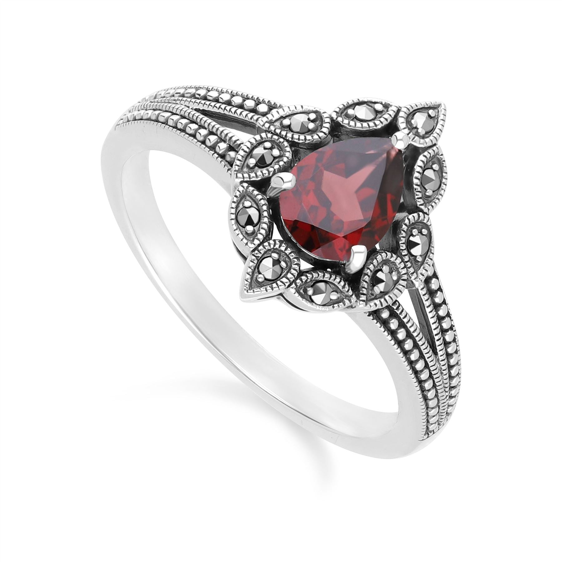 Art Deco Style Pear Garnet & Marcasite Ring in Sterling Silver