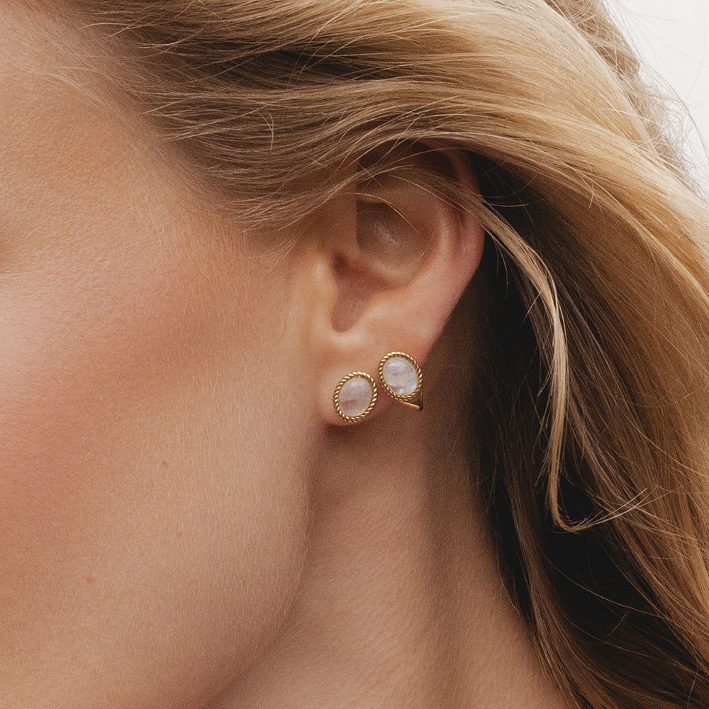 Classic Oval Rainbow Moonstone Drop Stud Earrings in 9ct Yellow Gold