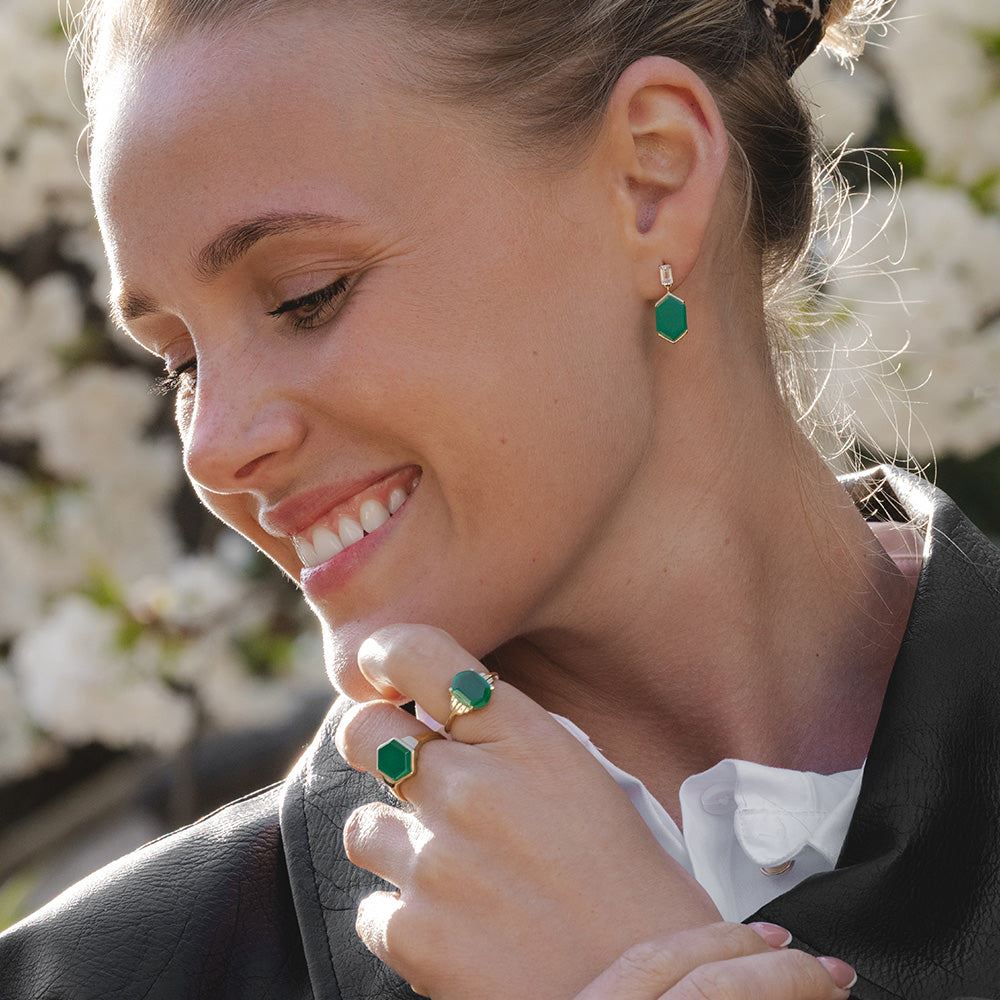 Grand Deco Hexagon Chalcedony & Topaz Drop Earrings in Gold Vermeil