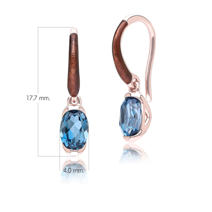 Siberian waltz Oval london blue topaz  with brown enamelled half-bezel set french hook earrings in rose gold vermeil sterling silver