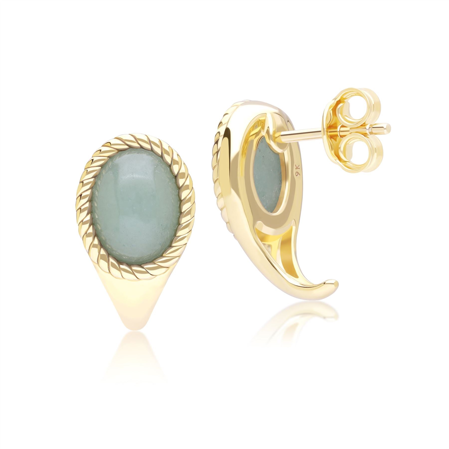 Classic Oval Green Jadeite Drop Stud Earrings in 9ct Yellow Gold