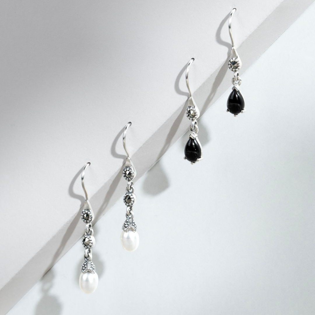 Art Nouveau Style Pear Black Onyx & Marcasite Drop Earrings in 925 Sterling Silver
