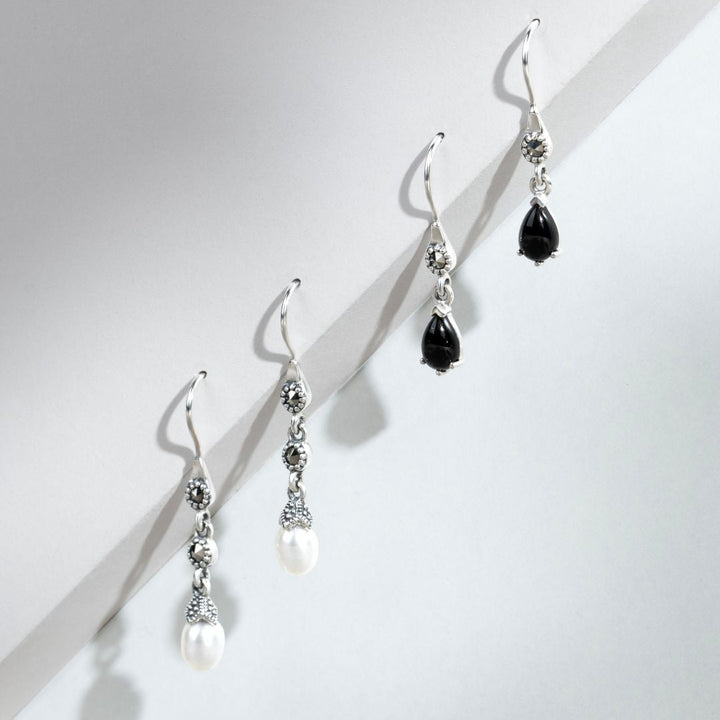 Art Nouveau Style Pear Black Onyx & Marcasite Drop Earrings in 925 Sterling Silver