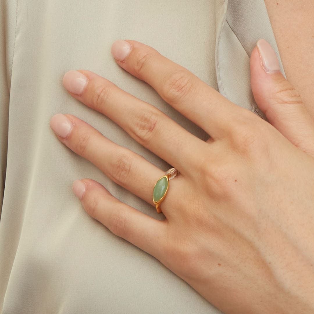 253R710102925 Irregular Marquise Dyed Green Jade Ring In 18ct Gold Plated SterlIng Silver On Model