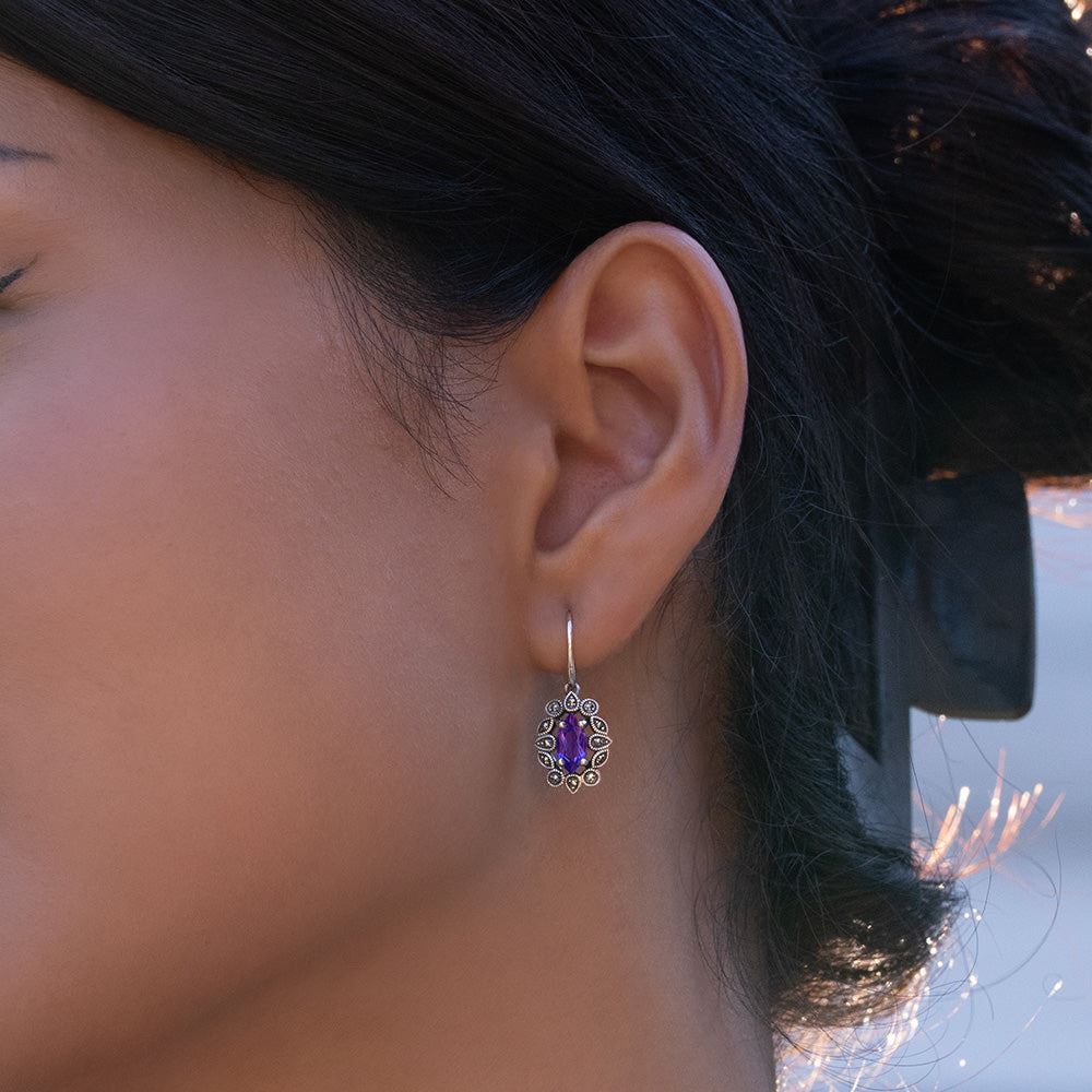 Art Deco Style Marquise Amethyst & Marcasite Drop Earrings in Sterling Silver