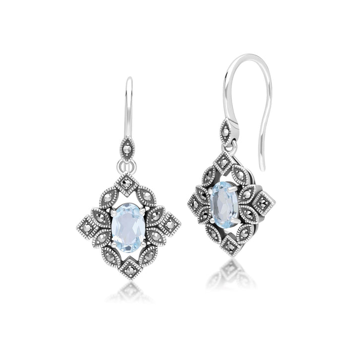 Art Deco Style Oval Blue Topaz & Marcasite Drop Earrings in Sterling Silver