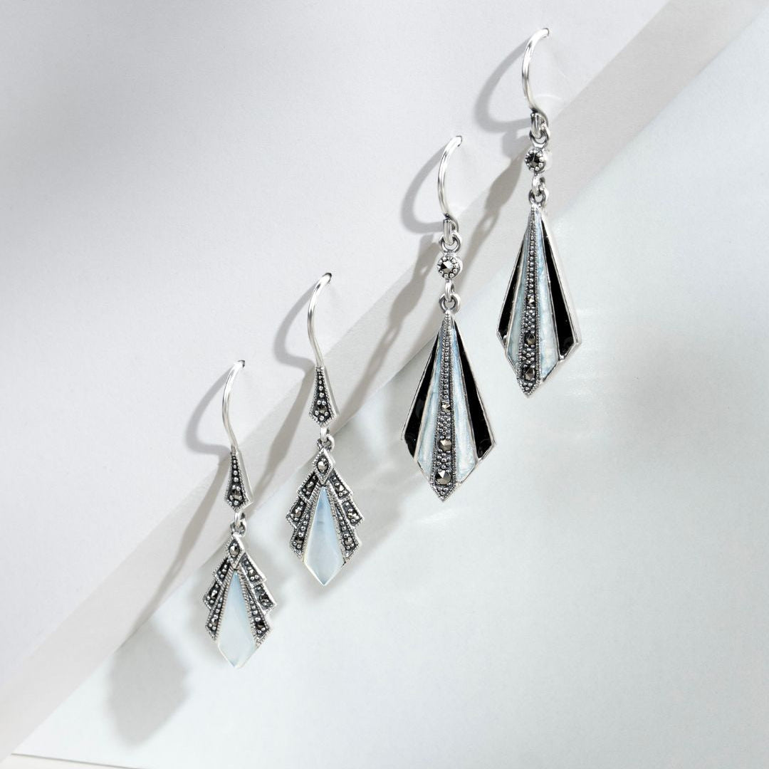 Art Deco Style Diamond Mother of Pearl & Marcasite Drop Earrings in 925 Sterling Silver